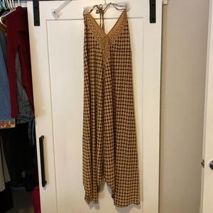 Flowy gold and blue mid calf dress